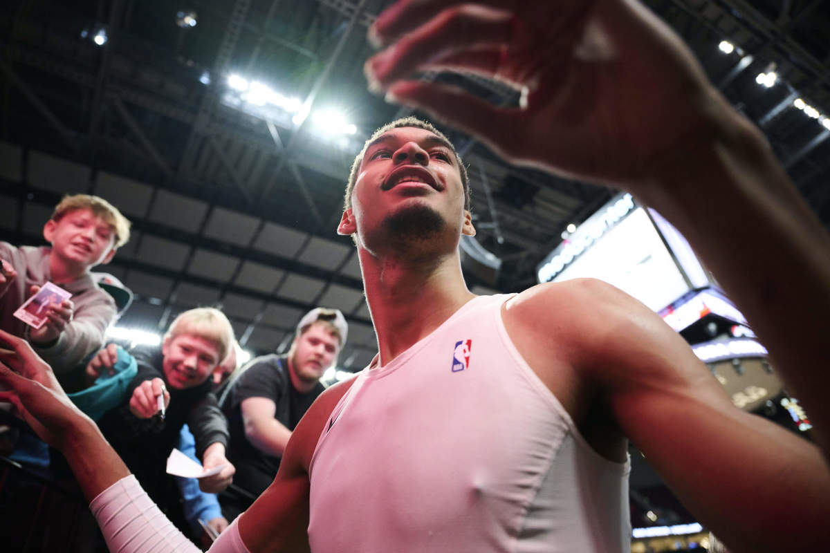 Dec 28, 2023; Portland, Oregon, USA; San Antonio Spurs center Victor Wembanyama (1) walks to the locker room after warming up before a game against the Portland Trail Blazers at Moda Center.